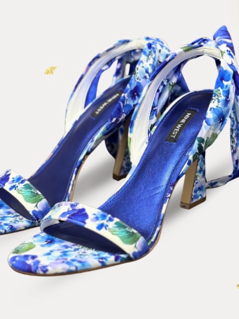 Nine West Blue Floral Satin Block Heel Sandals with Ankle Tie